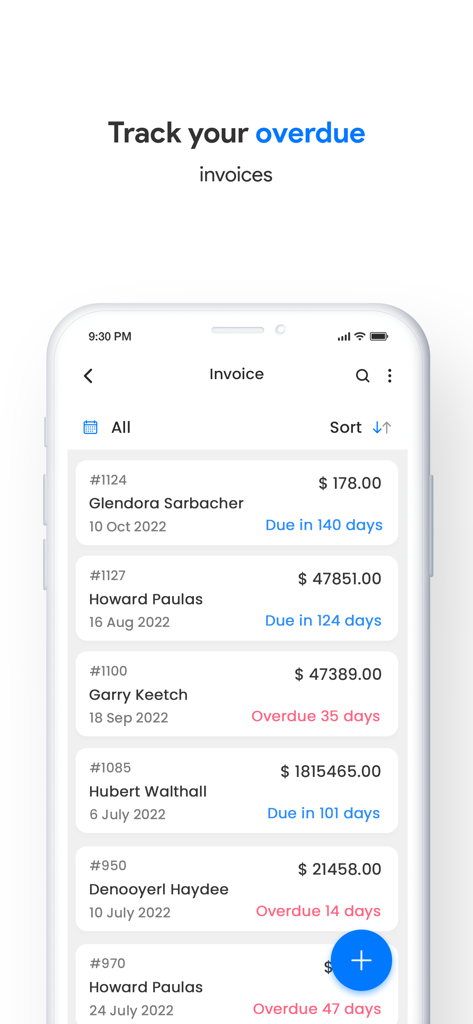延滞および今後の支払いを追跡する請求書アプリの画面