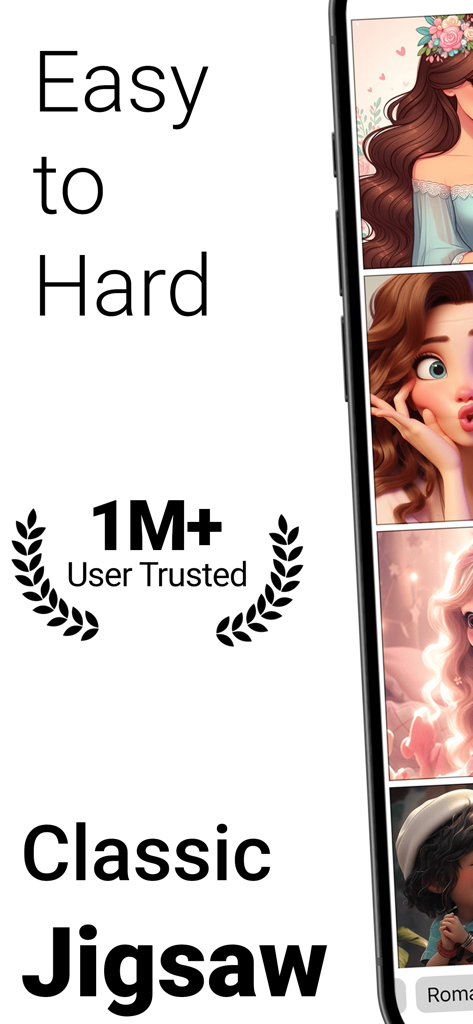 Jigsaw Puzzles - Relaxing Game - Una pantalla de teléfono inteligente que muestra una aplicación de rompecabezas con diferentes niveles de dificultad y una insignia de confianza por más de un millón de usuarios