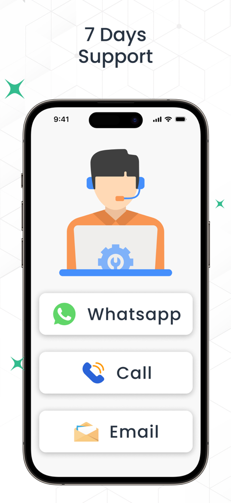 Go GST Bill - Customer support screen of Go GST Bill app showing WhatsApp call and email contact options