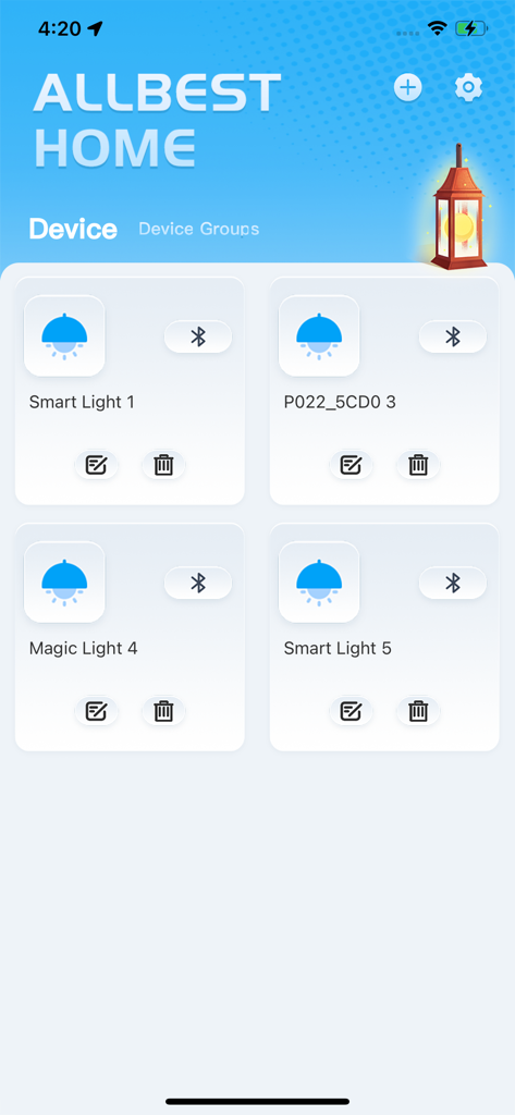 AllbestHome - The device management screen of the AllbestHome app showing a list of connected smart lights with bluetooth status