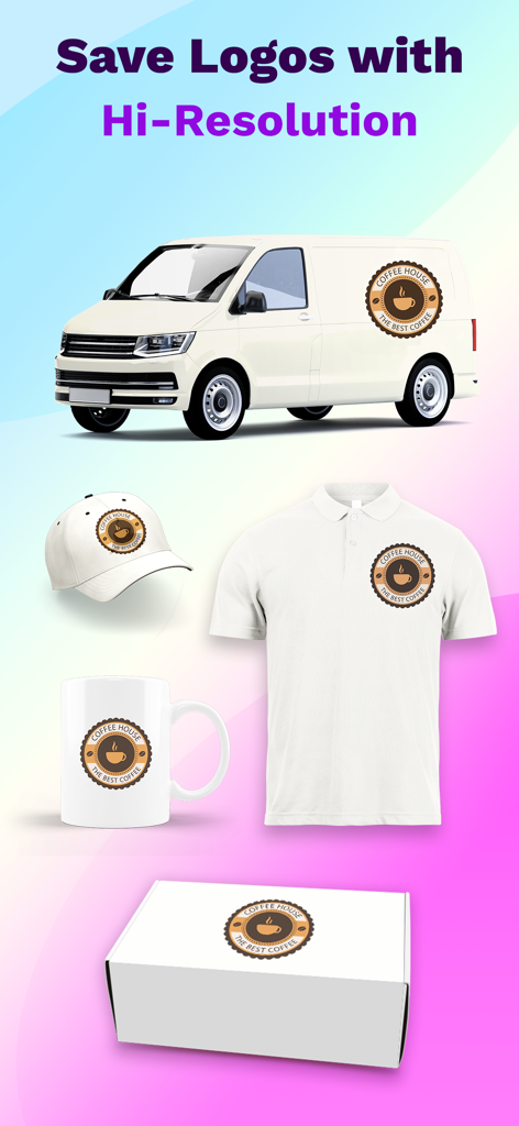 LogoX - AI Logo Maker - Diseño de logo de cafetería en varias maquetas de merchandising, incluyendo una furgoneta, camiseta y taza