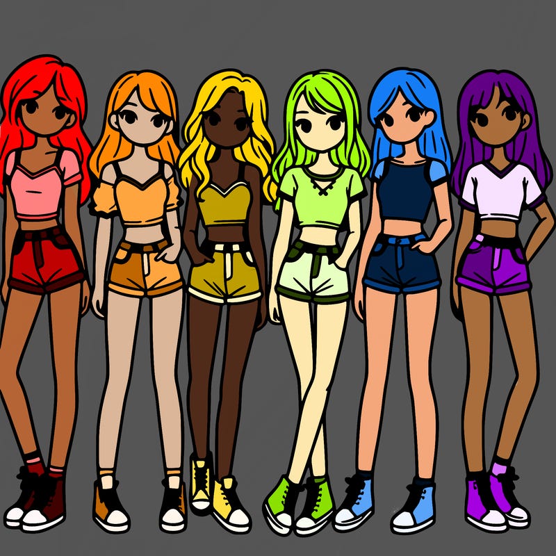 a group of girls wearing crop tops and shorts