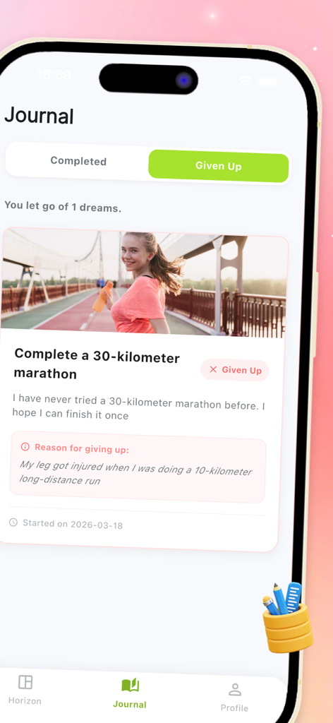 Vexy - Dream  Companion - A screenshot of the Vexy app Journal screen showing a goal marked as Given Up with a detailed reason for the change.