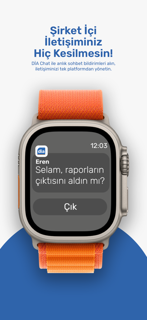 Smartwatch showing an internal business chat notification from the DIA Mobil app
