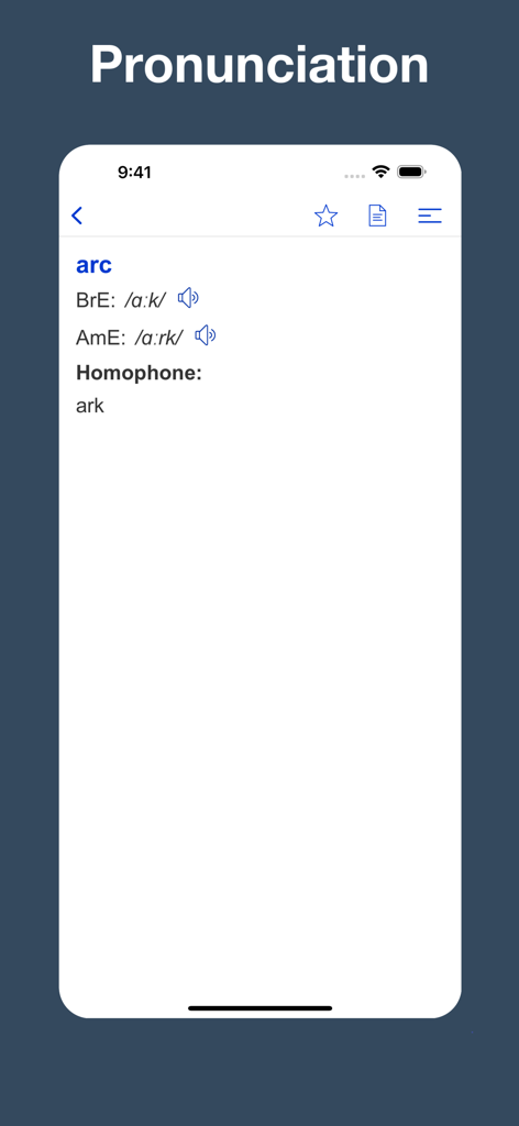 Uma tela de aplicativo móvel mostrando a pronúncia fonética para a palavra arc e seu homófono ark no Dicionário de Homófonos.