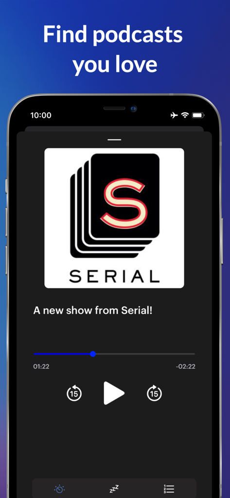 Mobile app interface of Anyplay showing the podcast player with playback controls and artwork for Serial podcast.
