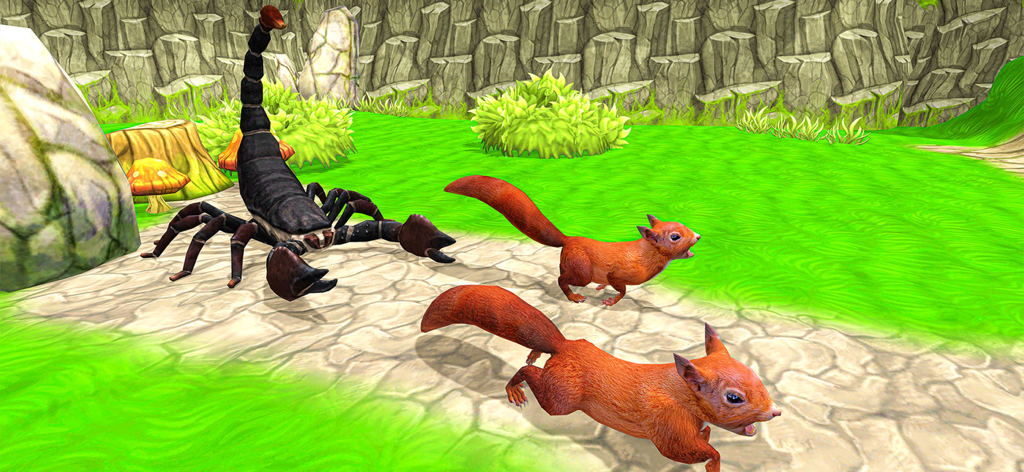 Squirrel Life Simulator Game - Two squirrels running away from a giant black scorpion in a 3D forest environment.