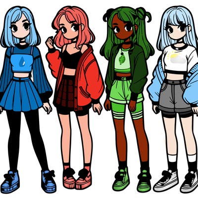 one girl with crop-top shirt and a jacket with a skirt, long socks and another girl with a shirt and pants with a jacket