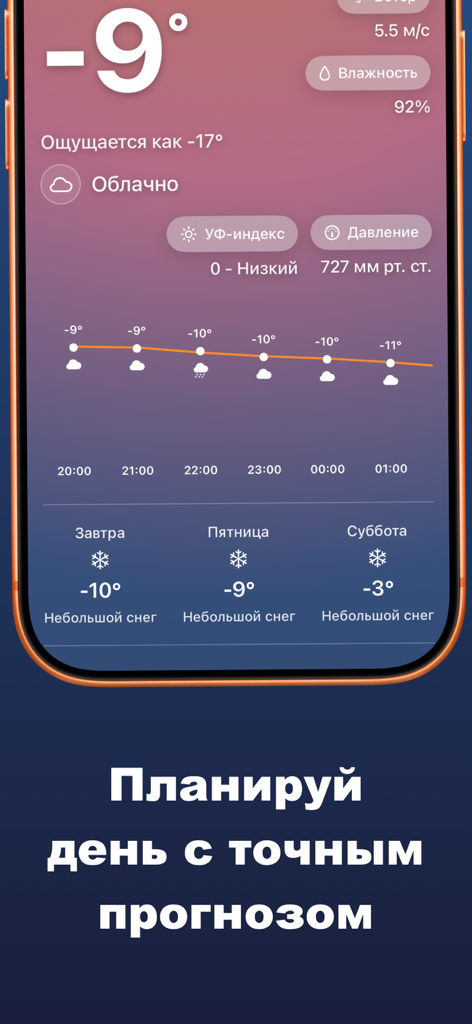 Weather Scope - Interfaz de la aplicación Weather Scope en iPhone mostrando un pronóstico detallado del clima por hora y diario.