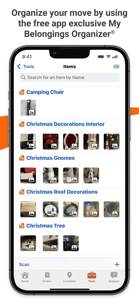 U-Haul app My Belongings Organizer tool showing a categorized list of household items with photos for moving
