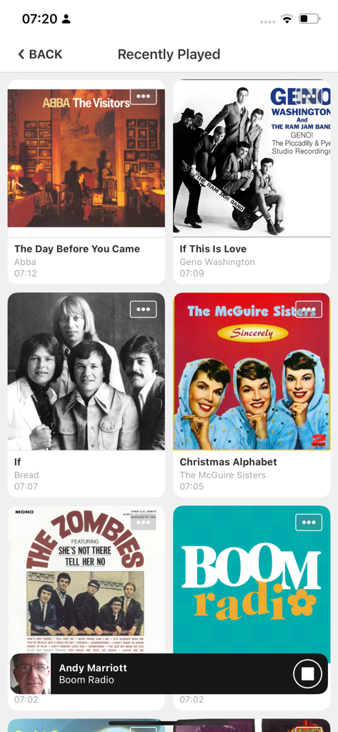 Boom Radio UK - A screen showing recently played classic songs on the Boom Radio UK app including artists like Abba and The Zombies