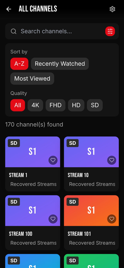StreamFlix IPTV - App StreamFlix IPTV che mostra la schermata di tutti i canali con filtri di ricerca e qualità video