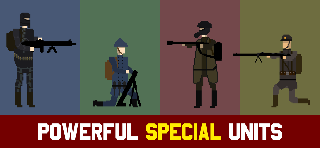 Cuatro soldados diferentes de arte de píxeles de Trench Warfare 1917 mostrados con el texto Unidades Especiales Poderosas