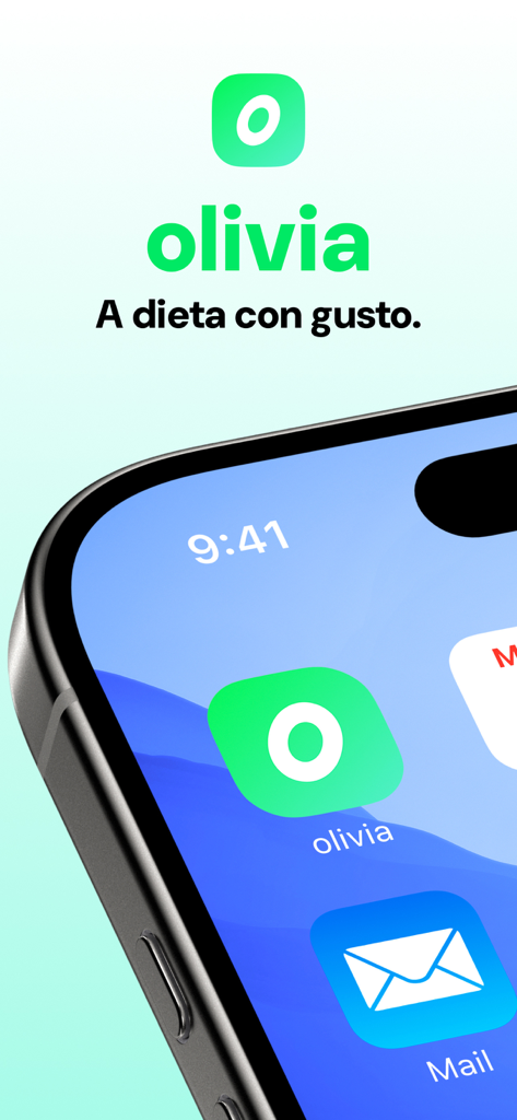 olivia: ricette su misura - Smartphone screen featuring the Olivia app icon and the slogan A dieta con gusto