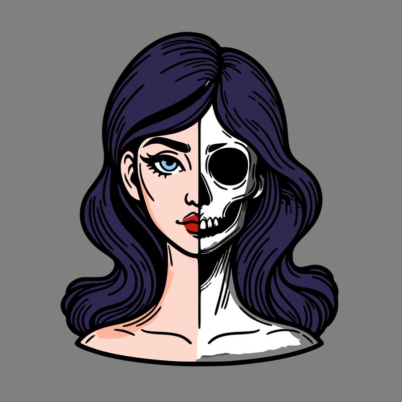 bust of a woman, half face and hair, half skull