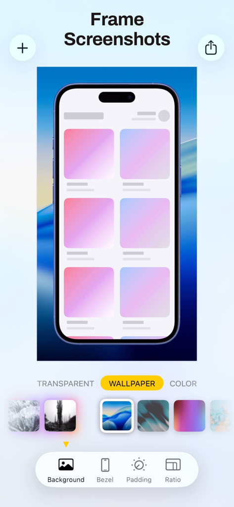 Bezel app interface for framing screenshots with professional device frames and custom backgrounds.