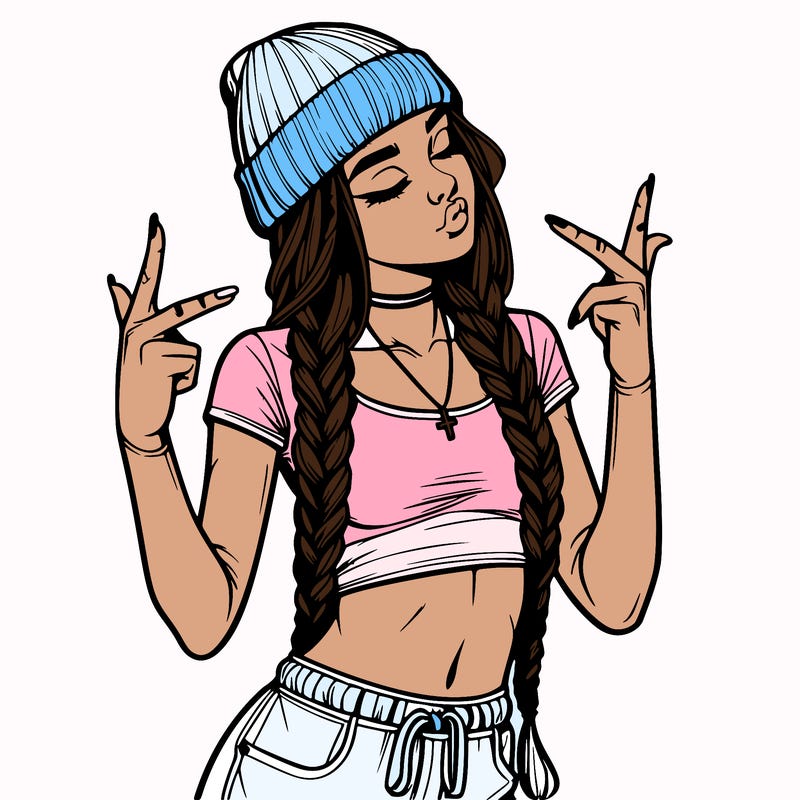 realistic teenage girl with braids and a beanie and crop top doing 🫶🏼