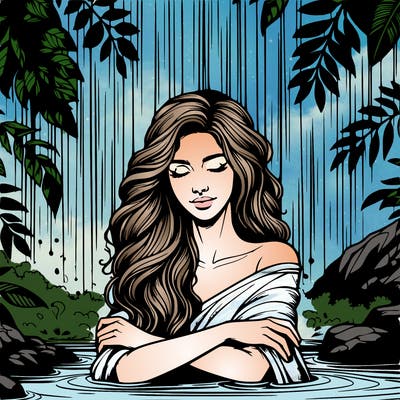 realistic female model under waterfall