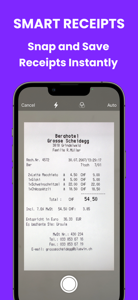 Smart Receipts Receipt Tracker - Ein Smartphone-Bildschirm, der die Smart Receipts-App zeigt, die einen Papierbeleg von einem Restaurant scannt.