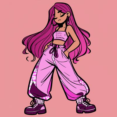 girl in baggy pants crop top and long hair
