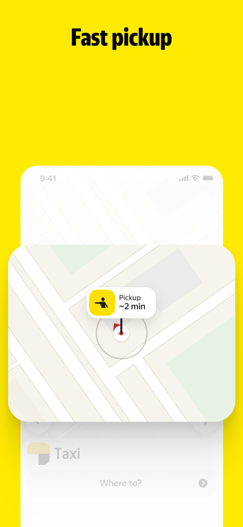 Yandex Go app interface showing fast taxi pickup on a map