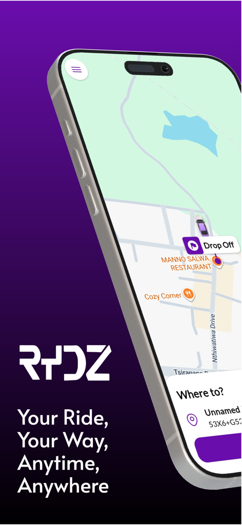 Rydz - Request a ride - Rydz mobile app interface showing a ride request map on an iPhone with the tagline Your Ride Your Way Anytime Anywhere