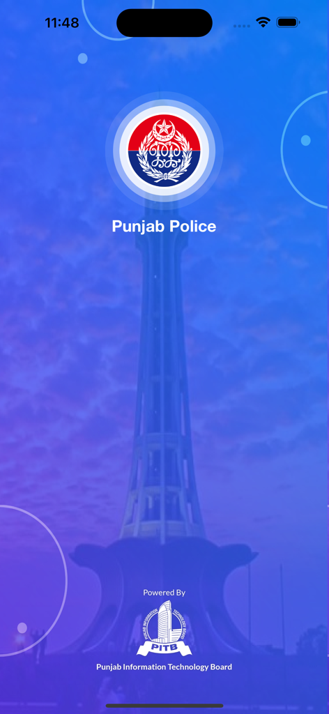 Punjab Police Pakistan - Splash screen of the Punjab Police Pakistan app featuring the official logo and Minar-e-Pakistan background
