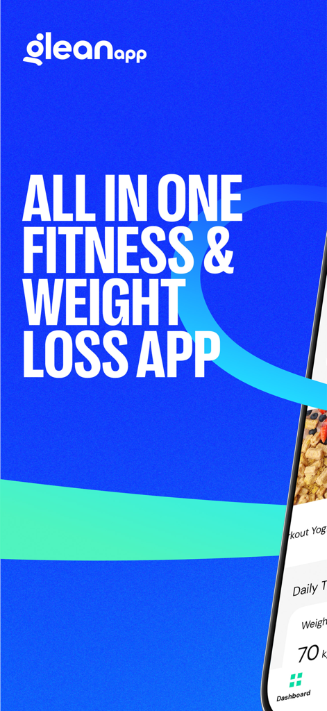 Glean app promotional screen highlighting its all in one fitness and weight loss features