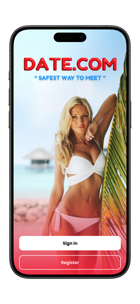 Date.com welcome screen with a woman on a beach background and buttons for sign in and register