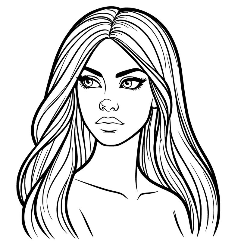 one realistic woman with long hair and serious face looking off into distance