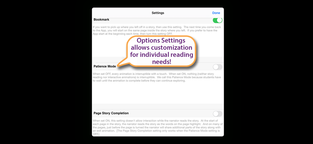 A settings screen within the Just Grandma and Me app showing various reading customization options.