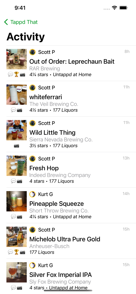 Tappd That for Untappd - Activity feed of the Tappd That app showing beer check-ins and ratings from friends.
