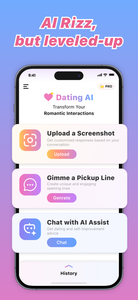 Plug AI: Rizz Dating Assistant - Oberfläche der Plug AI Rizz Dating Assistant App, die Hauptfunktionen wie Screenshot-Upload und Anmachspruch-Generierung zeigt