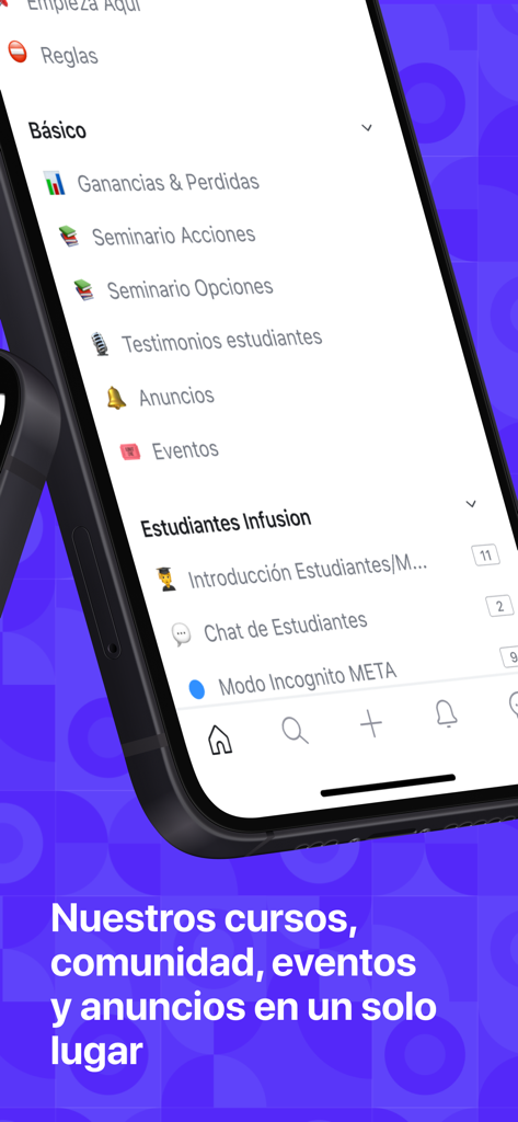 Aplicativo Infusion Investments móvel mostrando cursos de trading e menu da comunidade de estudantes em espanhol