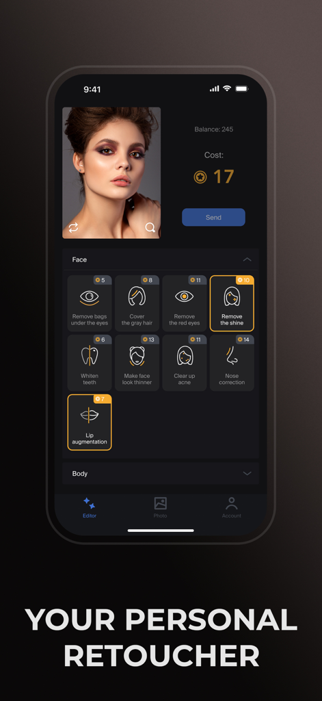 Retouch Body & Face, Photo Pro - Oberfläche der Retouch Body and Face App, die spezialisierte Gesichts-Bearbeitungsoptionen und das Kreditguthaben zeigt