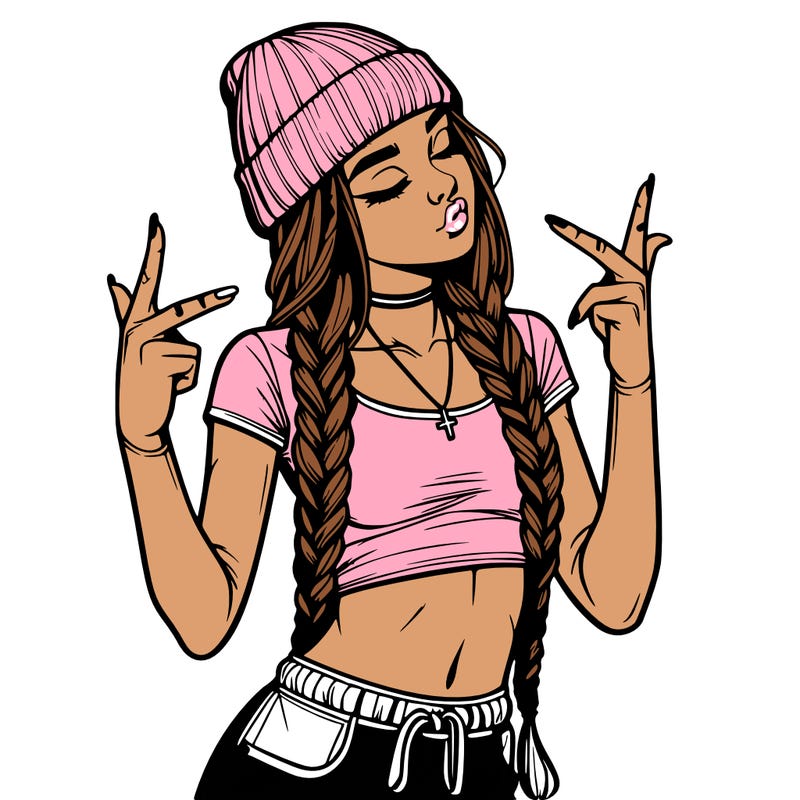 realistic teenage girl with braids and a beanie and crop top doing 🫶🏼