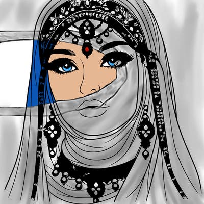 realistic woman with a veil covering her hair and mouth, muslim. the veil contains details with jewels. she has beautiful jewelry.