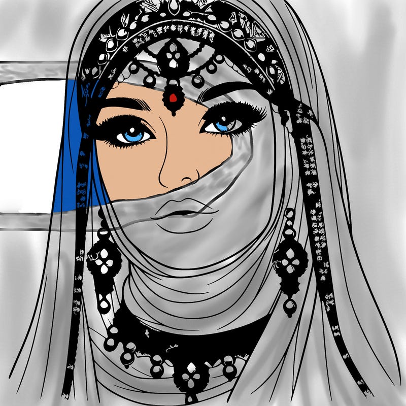 realistic woman with a veil covering her hair and mouth, muslim. the veil contains details with jewels. she has beautiful jewelry.
