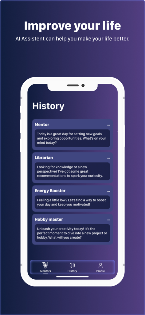 Captura de pantalla de la pantalla Historial de la app Perspective AI mostrando las cuatro personalidades de IA: Mentor, Bibliotecario, Potenciador de Energía y Maestro de Aficiones