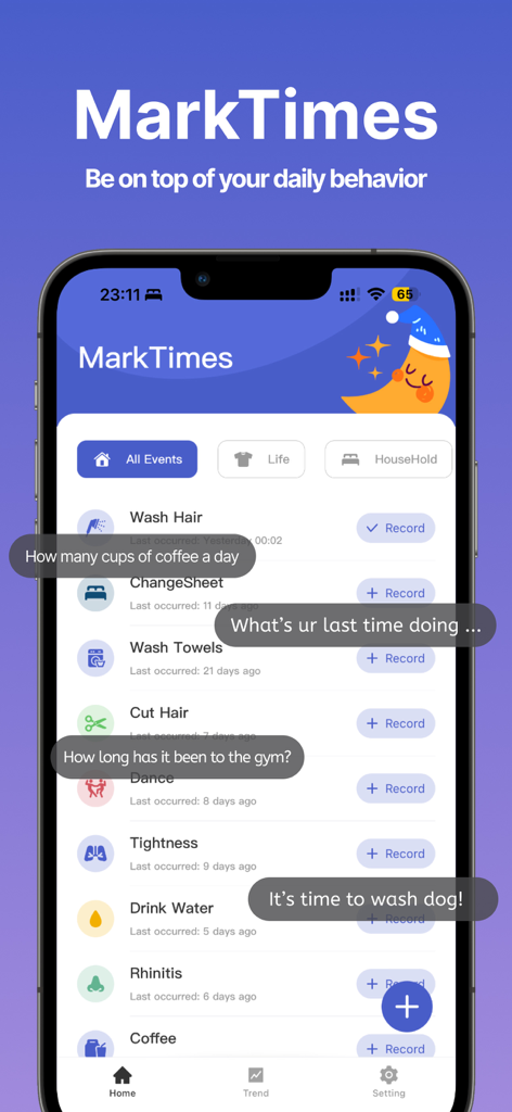 MarkTimes app home screen showing a list of daily habits and household tasks to track on a timeline