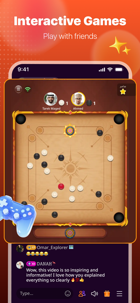 Hoo Live - Hoo Live app interface showing an interactive Carrom board game with social chat and player profiles.