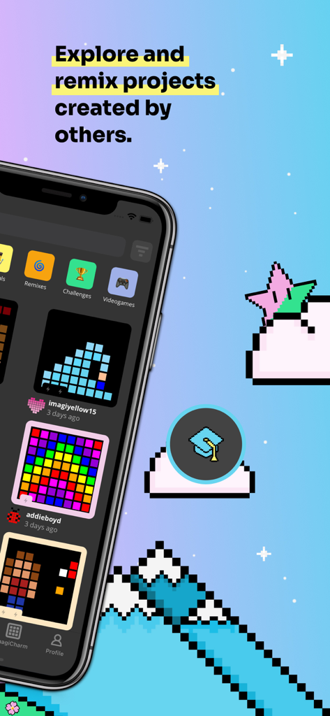 imagi app interface showing pixel art projects to explore and remix