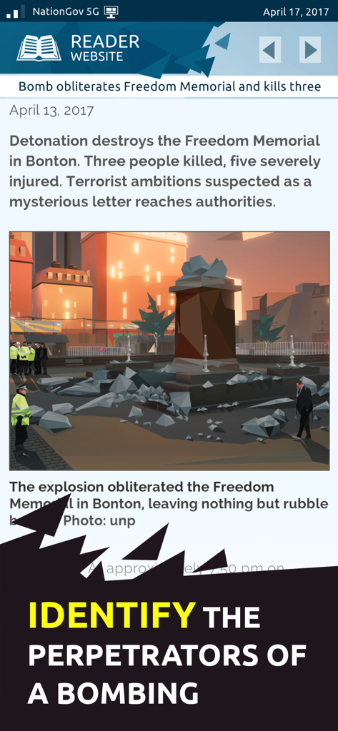 Orwell: Keeping an Eye on You - Un informe de noticias dentro del juego Orwell que muestra la destrucción del Memorial de la Libertad tras un ataque terrorista.