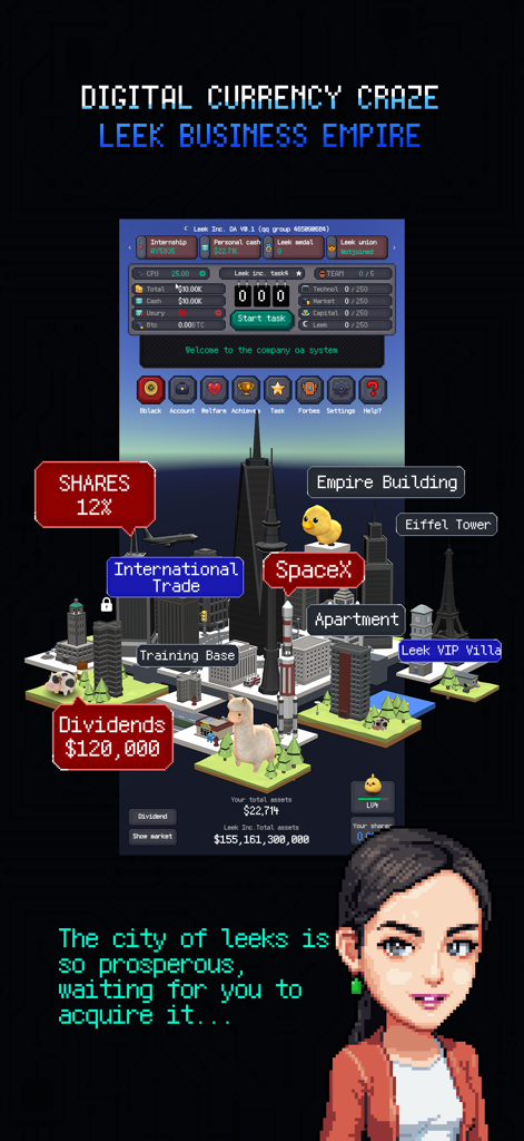 Leek Inc. - Leek Inc mobile game interface showing a pixel art city for a crypto business empire simulation.