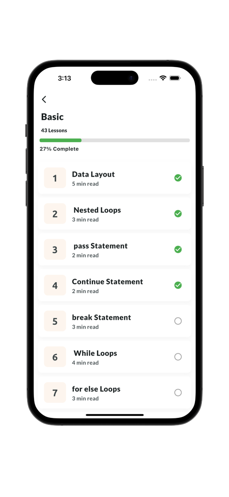 Learn Python 3 app screen displaying basic lessons and 27 percent progress