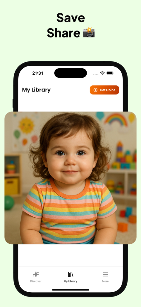 BabyLens: Future Baby Maker - Uma foto clara de criança gerada por IA exibida na seção Minha Biblioteca do aplicativo BabyLens.