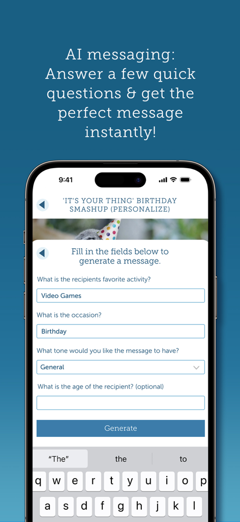 Interface du générateur de messages IA dans l'application Blue Mountain Ecards sur un iPhone.