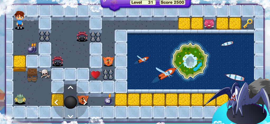 Bomber Strike Adventure - ボンバース トライク アドベンチャーのゲームプレイ画面。キャラクターが迷路の中にいて、爆弾、敵、仮想コントロールパッドが表示されている様子を表示。