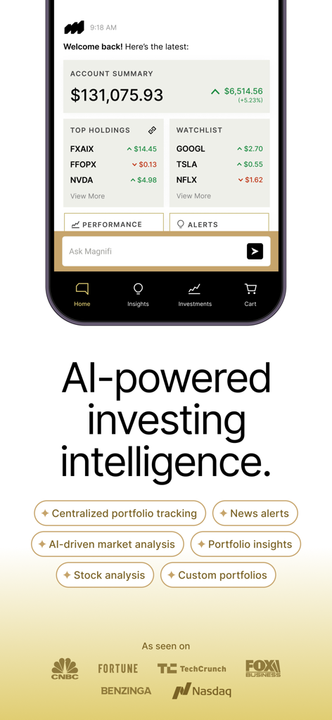 Magnifi app interface showing an AI powered investing dashboard with portfolio summary top holdings and a conversational AI chat box