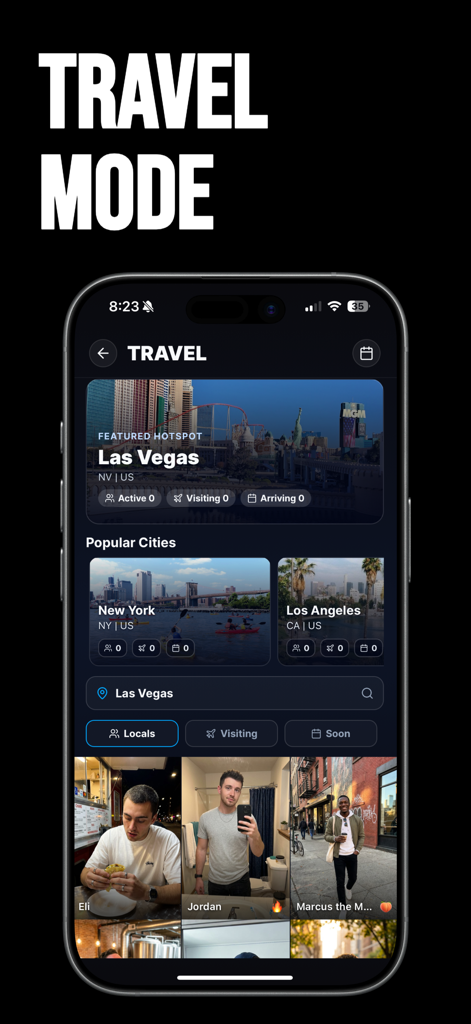 Splashd: Gay Dating & Cruising - Modalità viaggio dell'app di incontri gay Splashd con hotspot di Las Vegas e profili locali.